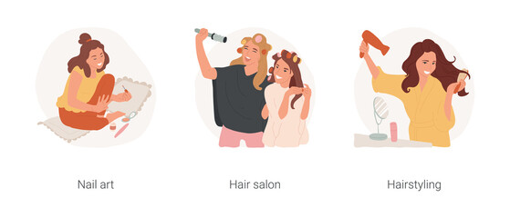 Beauty and styling isolated cartoon vector illustration set. Applying nail polish, teenage girls with curlers at hairdresser salon, making hairstyling at home, use hairdryer vector cartoon.