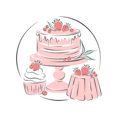 Сake, cupcake and berries. Cake shop logo. Vector illustration on white background for menu, recipe book, baking shop.