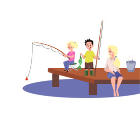 Mother and children on wooden bridge fishing, flat vector illustration isolated.