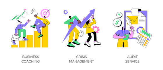 Consulting company abstract concept vector illustration set. Business coaching, crisis management, audit service, goal achievement, mentoring, risk management, accounting firm abstract metaphor.
