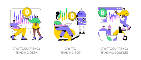Cryptocurrency market abstract concept vector illustration set. Cryptocurrency trading desk bot, bitcoin trading courses, financial exchange, digital tokens, blockchain technology abstract metaphor.