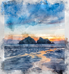 Fototapeta na wymiar Digital watercolour painting of Absolutely beautiful landscape images of Holywell Bay beach in Cornwall UK during golden hojur sunset in Spring