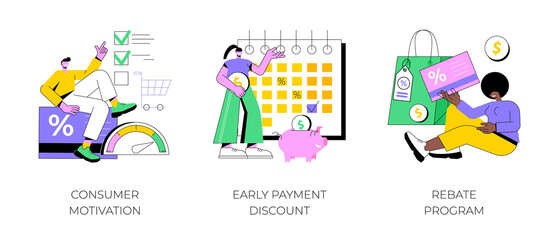 Sale growth strategy abstract concept vector illustration set. Consumer motivation, early payment discount, rebate program, customer loyalty, sales invoice, discount coupon abstract metaphor.