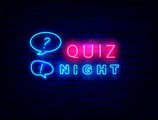 Quiz night neon sign. Blue speech bubbles. Play game concept. Exam idea. Glowing effect banner. Vector illustration