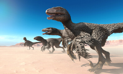 Dakotaraptor group hunting 3D illustration	