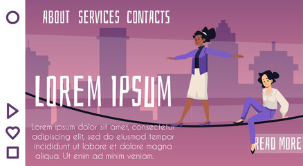 Two woman walking on tightrope, rope, vector flat illustrations. A person walks on a rope, maintaining balance.