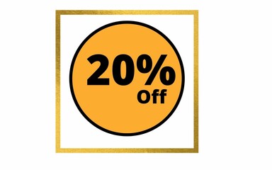 20 percent off golden square banner with orange round balloon for promotions and offers.