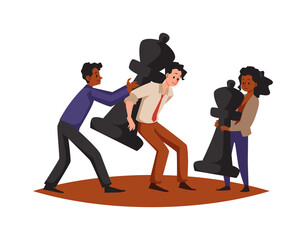 People with chess pieces. Thinking about business goals, strategies, flat style, vector illustration on white background.