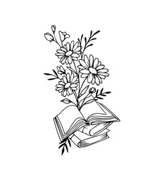 Book, flowers and twigs on a white background. Illustration in a minimalist style