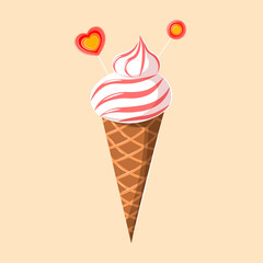 Delicious ice cream cone with lollipops and fruit glaze. Modern dessert illustration isolated on background.