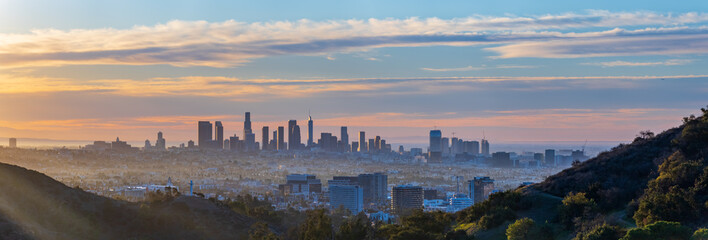 Panoramic view of Los Angeles covered with fog at dawn, California, USA
