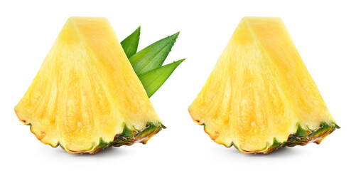 Pineapple slice isolate. Cut pineapple with leaves on white. Triangle fruit piece. Full depth of...