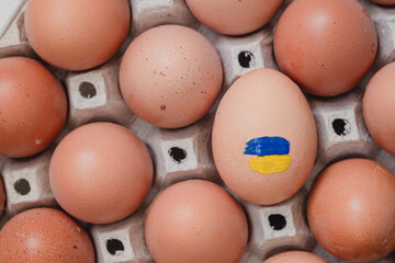 Tray with chicken eggs for easter. Egg with the flag of Ukraine. Stand with Ukraine concept. Top view.