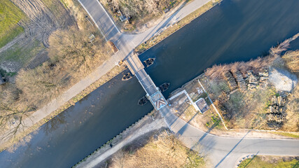 Top view aerial with drone of a Draw Bridge over the canal Dessel-Schoten in Rijkevorsel, Antwerp, Belgium. High quality photo