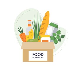 Box with different food. Charity, food donation for needy and poor people. Food delivery. Support concept. Volunteer social assistance. Flat vector illustration isolated background.