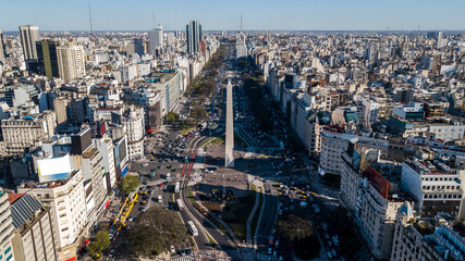Aerial view of the cityscape of Buenos Aires, Argentina, over 9 De Julio Avenue in front of Obelisco
