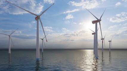 Windmill park. Offshore wind turbines farm on the ocean. Close up view. Sustainable energy production, clean power.	