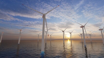 8K Ultra HD 7640x4320. Ocean Wind Farm. Windmill farm in the ocean. Offshore wind turbines in the sea. Wind turbine from aerial view.
