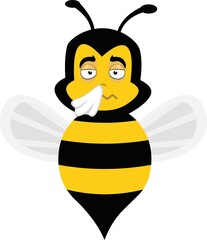 Vector character illustration of a cartoon bee with flu and a handkerchief on his nose