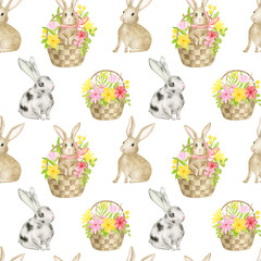 Watercolor spring seamless pattern with hand drawn rabbit and floral basket. Cute brown and gray Easter bunny background with flowers isolated on white. Baby animals repeated design