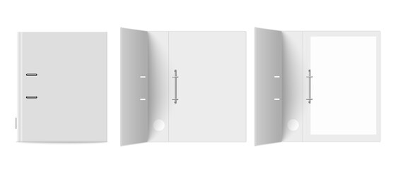 Ring binder empty and with paper realistic mockup vector illustration isolated.