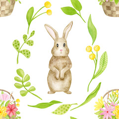 Watercolor spring seamless pattern with hand drawn rabbit and floral basket. Cute brown Easter bunny background with flowers and leaves isolated on white. Cartoon animal, botanical repeated design