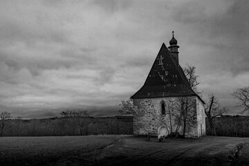 Old church in the field. Dobronice u Bechyne, Czechia