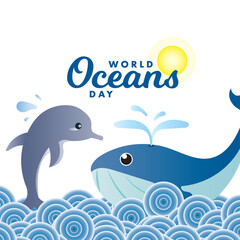 Fototapeta premium World Oceans Day 8 June underwater marine whale dolphin poster vector design background