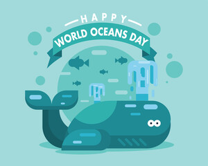 Happy World Oceans Day 8 June underwater marine blue whale fish poster vector design illustration