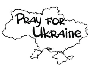 Vector contour of map of Ukraine with sign "Pray for Ukraine. Supporting Ukraine in war with Russia