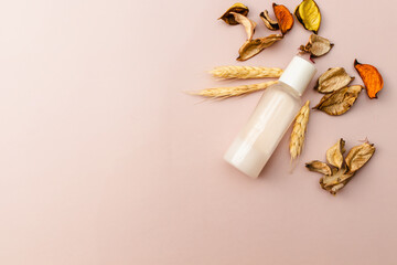 Container with skin care product for beauty morning routine. Organic cosmetic for facial and body care. Wheat and dried petals on pink background. Flat lay, banner, copy space.