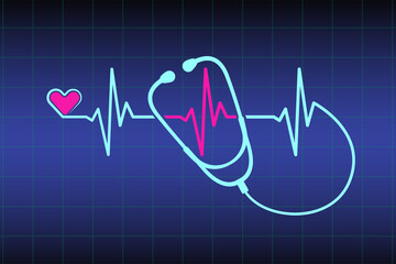 Abstract stethoscope design, pink heart, ekg line illustration background. Healthcare background to use in health industry, cardiology, medical care, hospital, health science projects.
