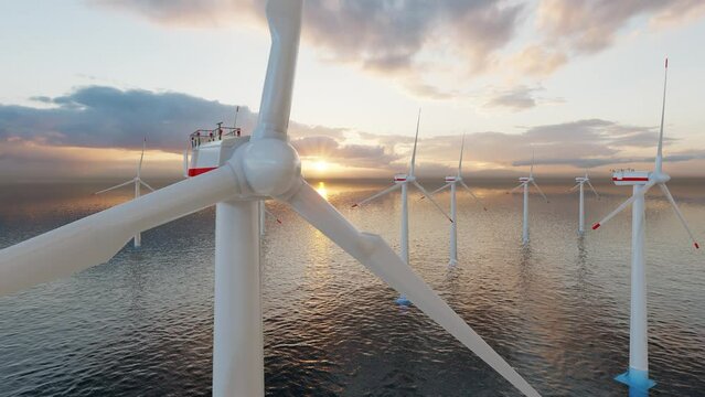 Windmill park. Offshore wind turbines farm on the ocean. Sustainable energy production. Green Energy, clean power, clean energy concept.