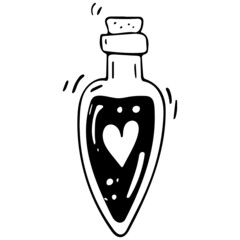 Vector doodle bottle of magic love potion. Hand drawn illustration