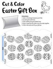 A fun and easy Easter activity. Color, fold and cut the template to make a lovely holiday gift box that can be filled with treats and goodies. Vector graphics.