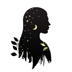 Silhouette of beautiful woman with leaves, moon