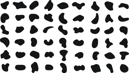 Set 1 of random abstract blotch shapes. Liquid shape elements. Black round blobs collection. Fluid dynamic forms. Rounded spot or speck of irregular form. Pebble, blotch, inkblot, stone and drops.