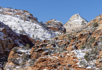 Snow covered Winter Landscape in Zion National Park Utah
