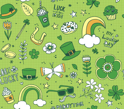 Saint Patrick's Day seamless vector pattern featuring notebook doodles of school age kids. Charms and treats to celebrate the luck o' the Irish.