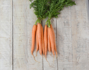 fresh carrots bunch on rustic wooden background