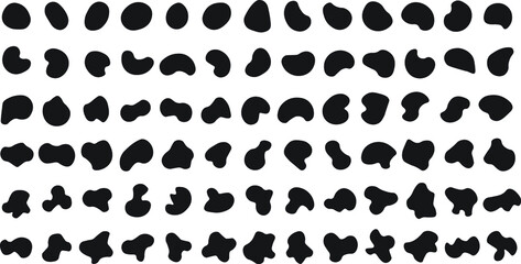 Set of random abstract blotch shapes. Liquid shape elements. Black round blobs collection. Fluid dynamic forms. Vector illustration