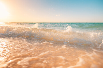 Closeup waves and sea sand, paradise beach landscape. Inspire tropical beach seascape horizon....