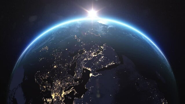 Sunrise Over the World. New Day. Beautiful Blue Planet Earth and Sun Rising View from Space NASA Data. 3d Animation Planet Rotating Skyline. Night Cities. Modern Business Technology Concept 4k