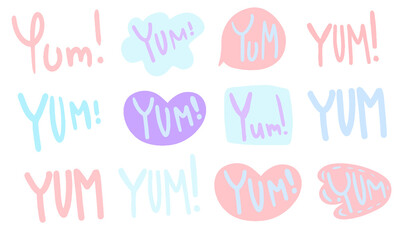 Vector Yum Yum words set. Design doodle for print. Cartoon hand drawn calligraphy style.