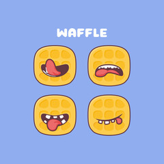 Waffle cartoon. food vector illustration. with different mouth expressions