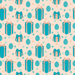 Set of gift seamless patterns with boxes, bows and eggs for Easter. 1000x1000, Vector graphics.