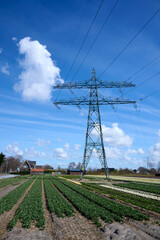 High voltage pylon in the bulb region with blue sky
