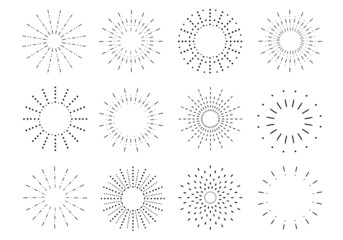 Sunburst set. Vintage sunrise collection.  Vector light rays elements on black background. Vector Illustration 
