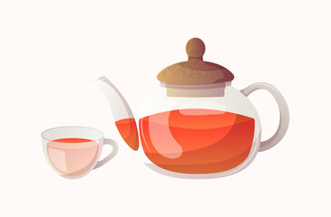 Glass hot tea cup vector with kettle, teapot vector set illustration isolated on white background tie time. modern design elements, icon logo design for tea shops. 