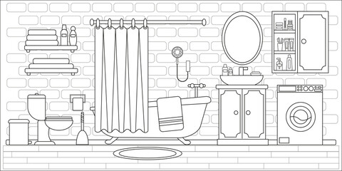 Modern bathroom interior decor. Bath, mirror and wash basin, tub and hygiene accessories, toilet bowl flat vector design. Vector flat illustration. Line Art, coloring book